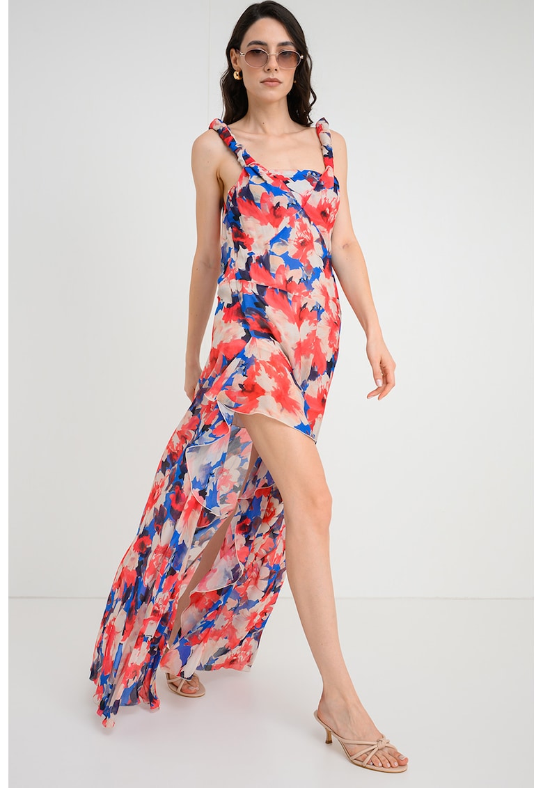 Rochie lunga cu model floral si decupaj pe partea din spate - Roz zmeuriu/Alb murdar/Bleumarin