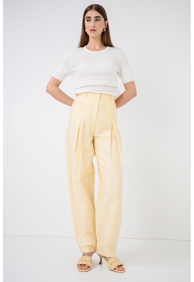 Pantaloni din in si bumbac cu talie inalta - Galben deschis