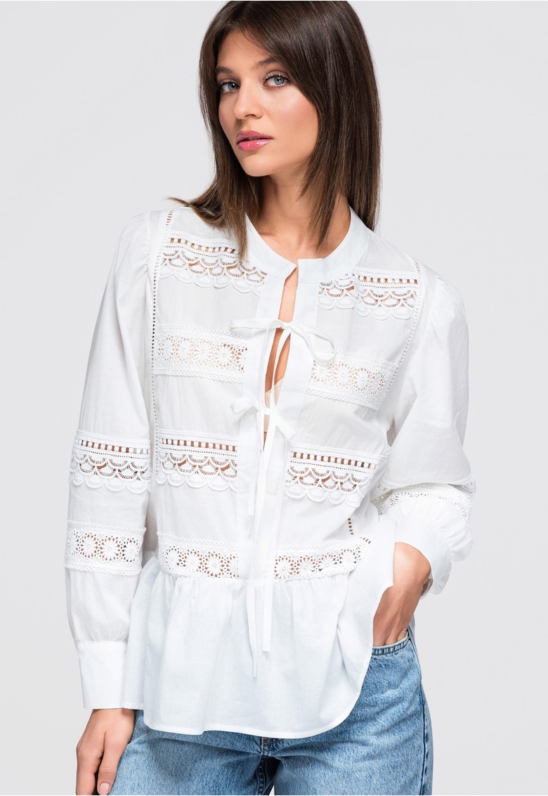Tunica cu peplum si decolteu rotund - maneci lungi - croiala lejera - 100% bumbac - Alb - ONESIZE