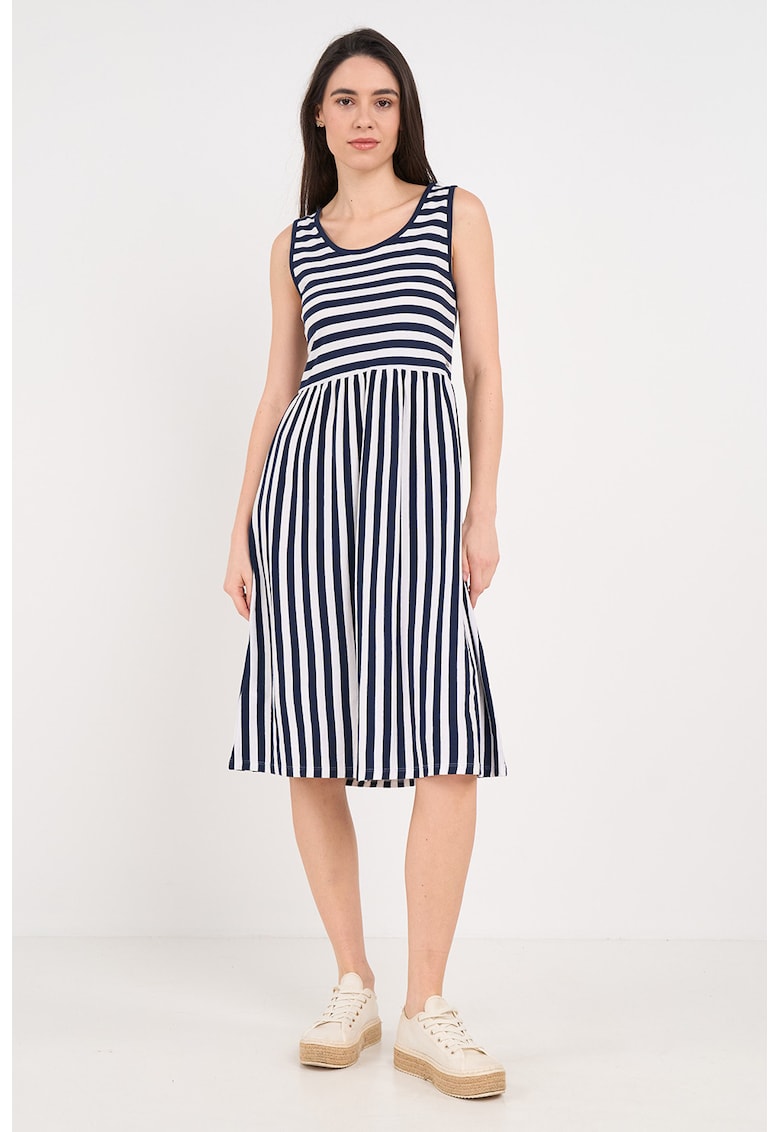 Rochie midi cu model in dungi - Alb/Bleumarin