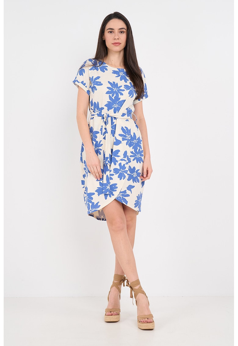 Rochie cu imprimeu si cordon in talie - Albastru pastel/Alb murdar