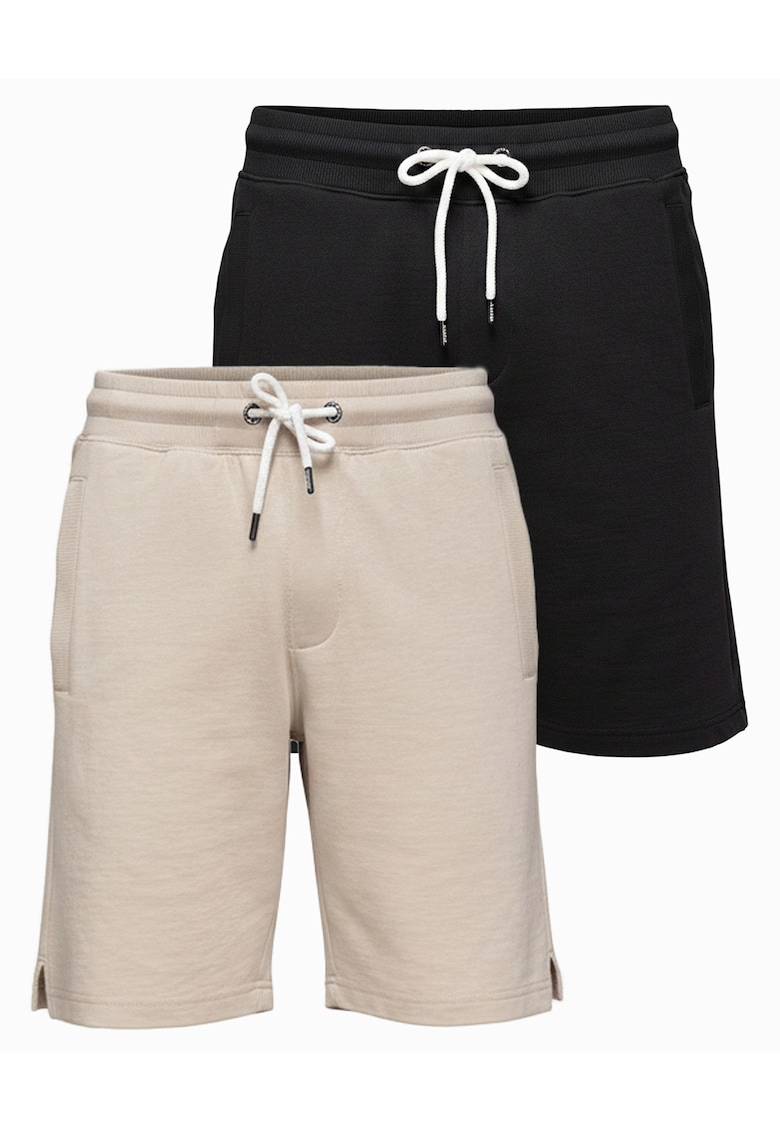 Pantaloni scurti barbati din bumbac - croi lejer - cu elastic si snur de ajustare - Negru/Bej deschis