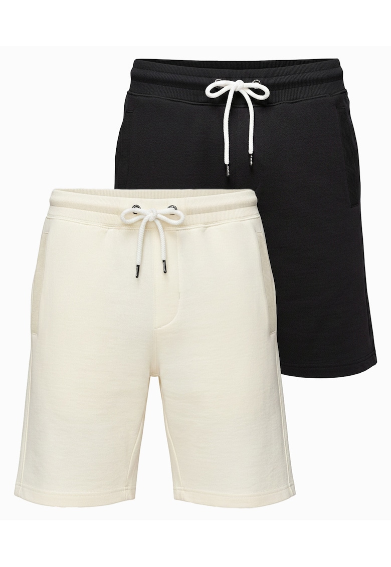 Pantaloni scurti barbati din bumbac - croi lejer - cu elastic si snur de ajustare - Negru/Crem