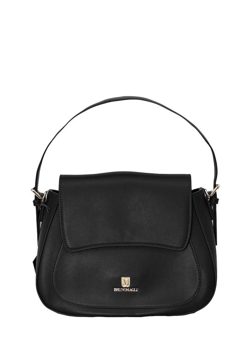 Geanta de piele ecologica cu clapa si bareta Grazia Saddle - Negru