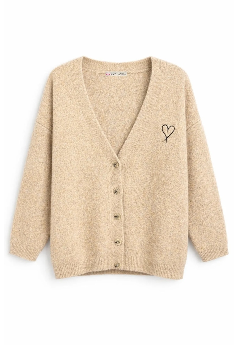 Cardigan tricotat supradimensionat - detaliu inima - bej natural - poliester-acril-lana -