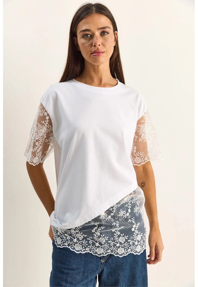 Tricouri dama - tricou cu guler rotund - broderie - alb - bumbac-elastan