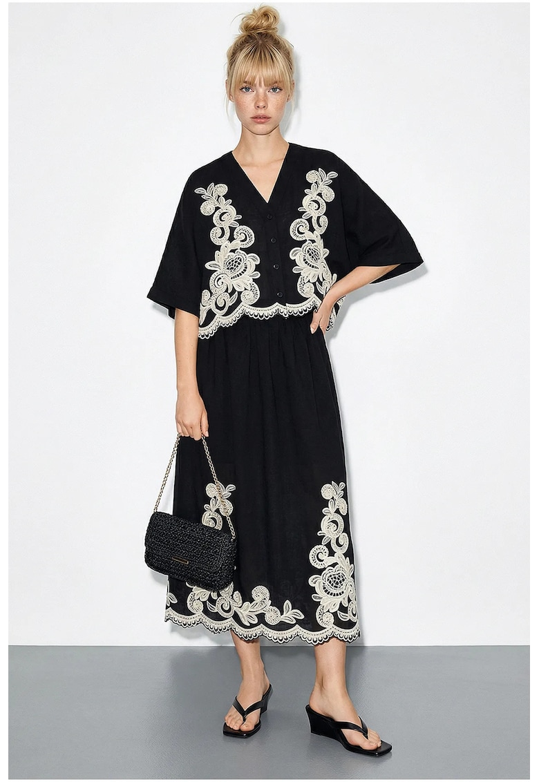 Set Coordonat Femei - Camasa Oversized cu Decolteu in V si Maneca 3/4 - Poliester - Alb/Negru