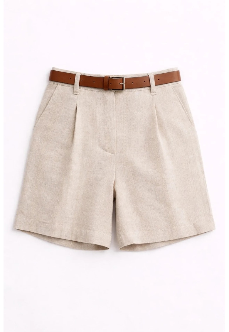 Pantaloni scurti - talie inalta - picior larg - natural - bumbac
