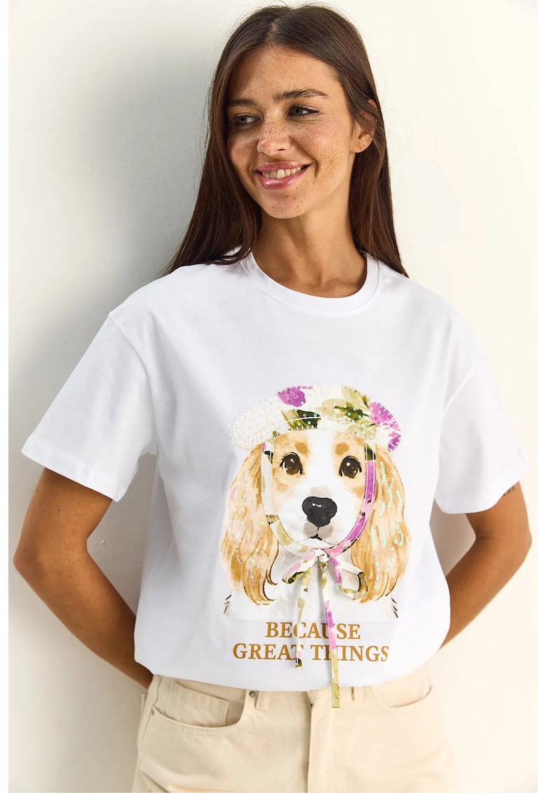 Tricouri dama - tricou cu paiete - alb - poliester-elastan