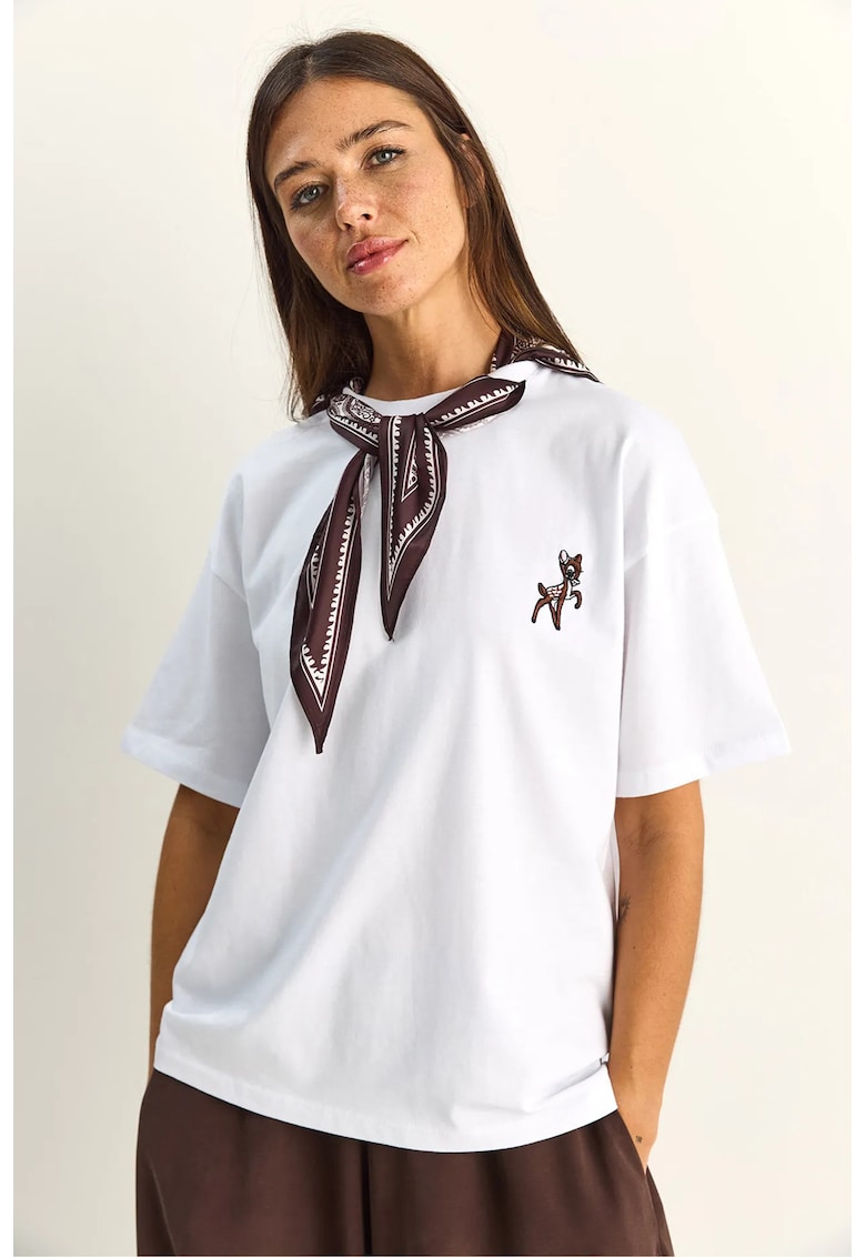 Tricouri dama - tricou cu guler rotund - brodat - alb - din 100% bumbac