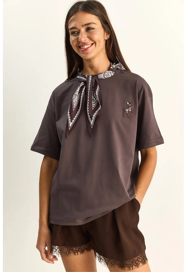 Tricouri dama - tricou cu guler rotund - broderie - maro mocha inchis - 100% bumbac