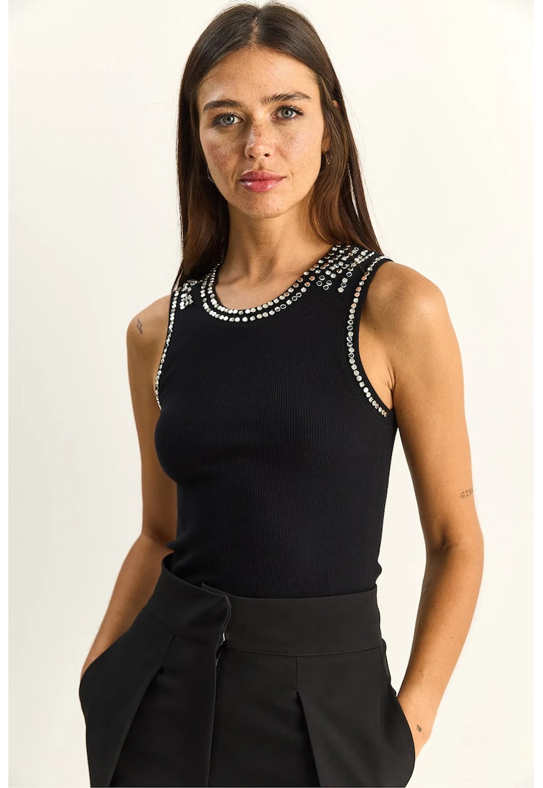 Bluza dama - mulata - cu accesoriu din piatra - negru - bumbac cu elastan