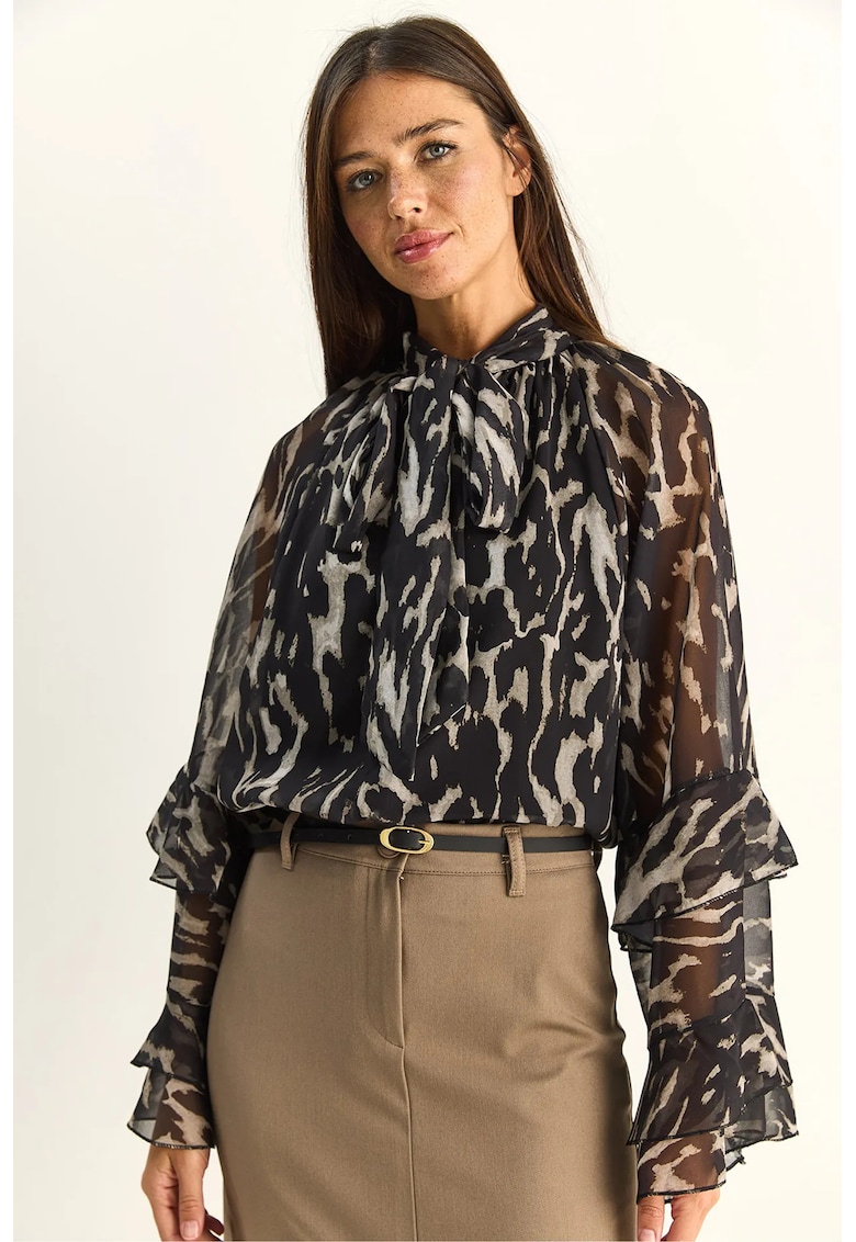 Bluza dama - cu guler choker - imprimeu abstract - negru - poliester -