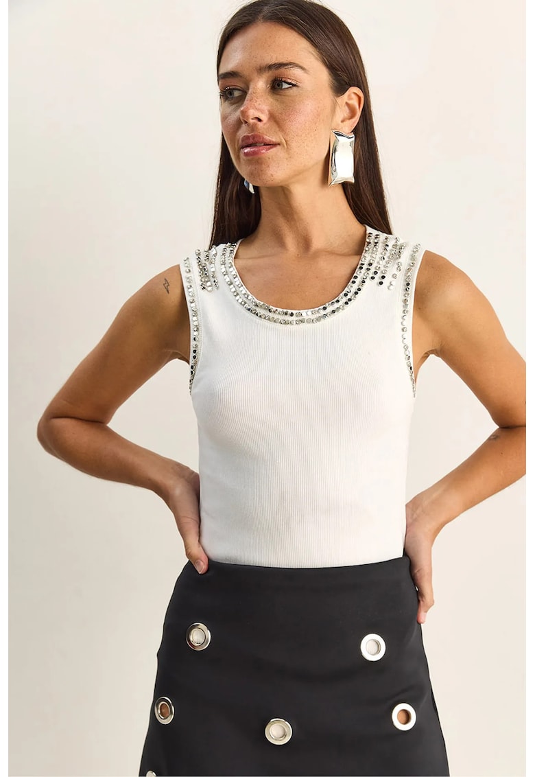 Bluza dama - fara maneci - alb - bumbac cu elastan - accesoriu din piatra