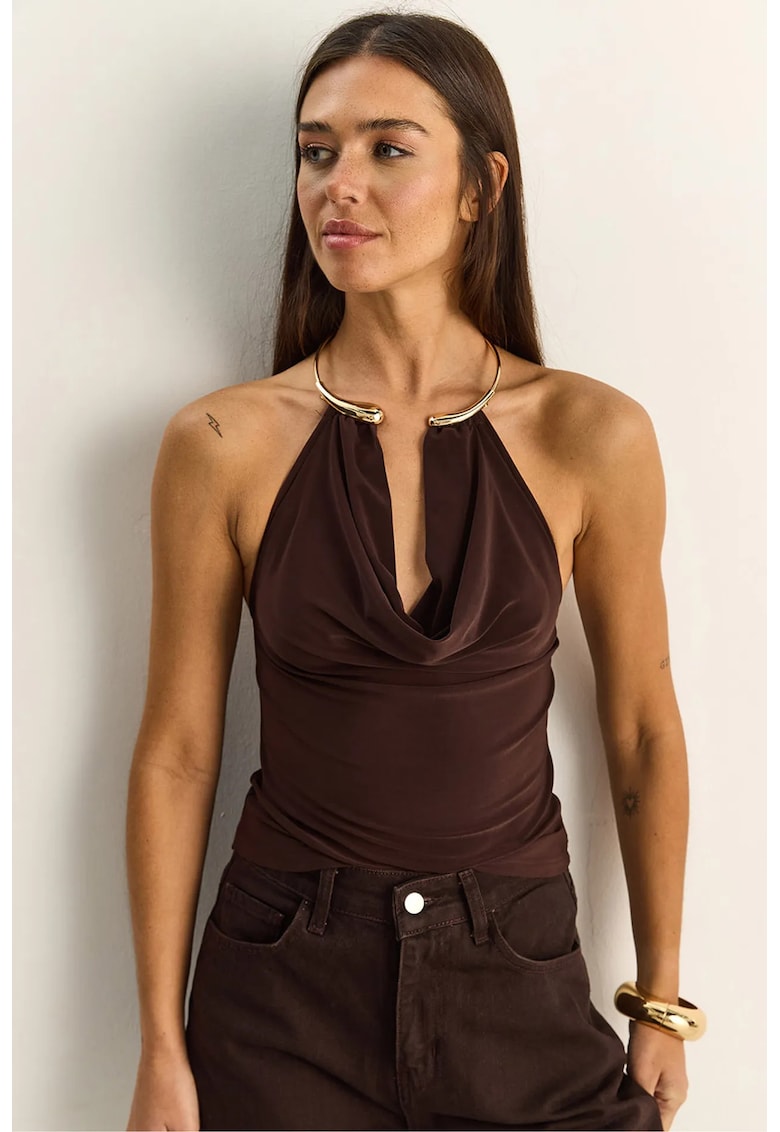 Bluza dama - guler halter - accesoriu din piatra - maro - poliester cu lycra