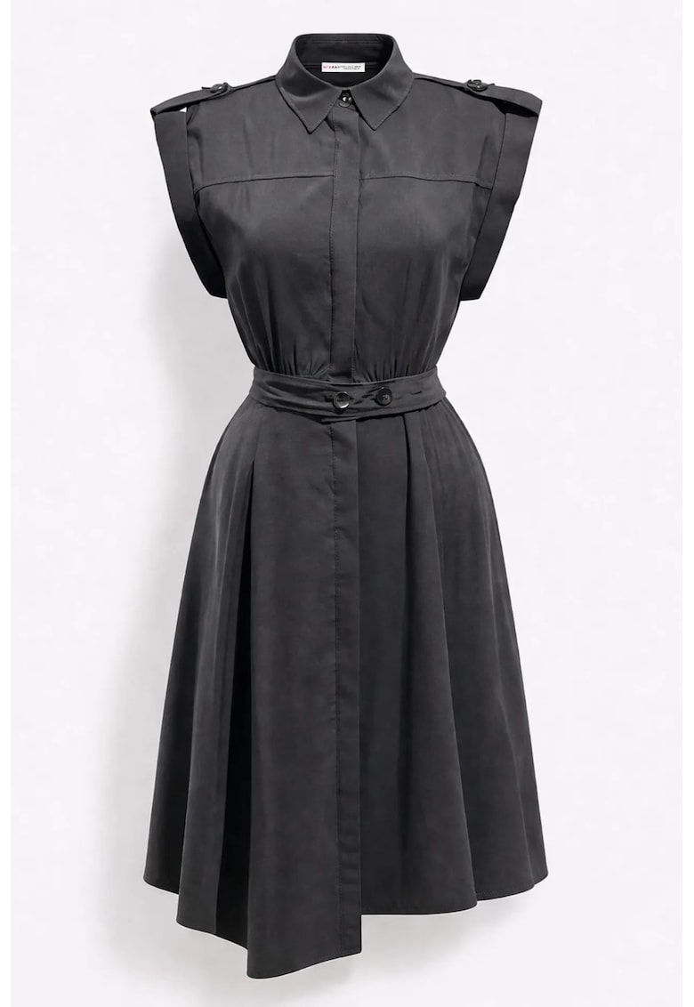 Rochie camasa midi - A-line - cu curea - negru - modal-poliester