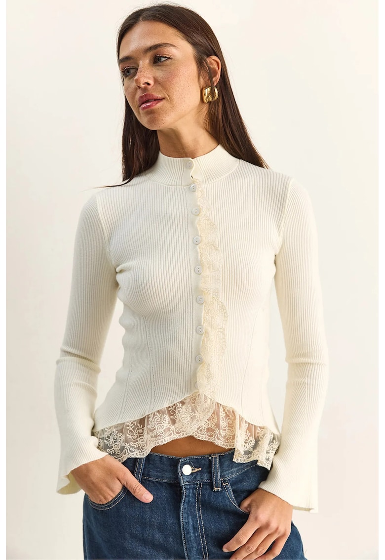 Cardigan Femei guler semi-rulat - nervuri - Ivory Natural - tricotaj -