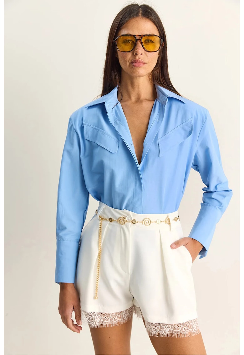 Camasa casual - poplin - maneca lunga - buzunar - albastru Maya - bumbac si poliester