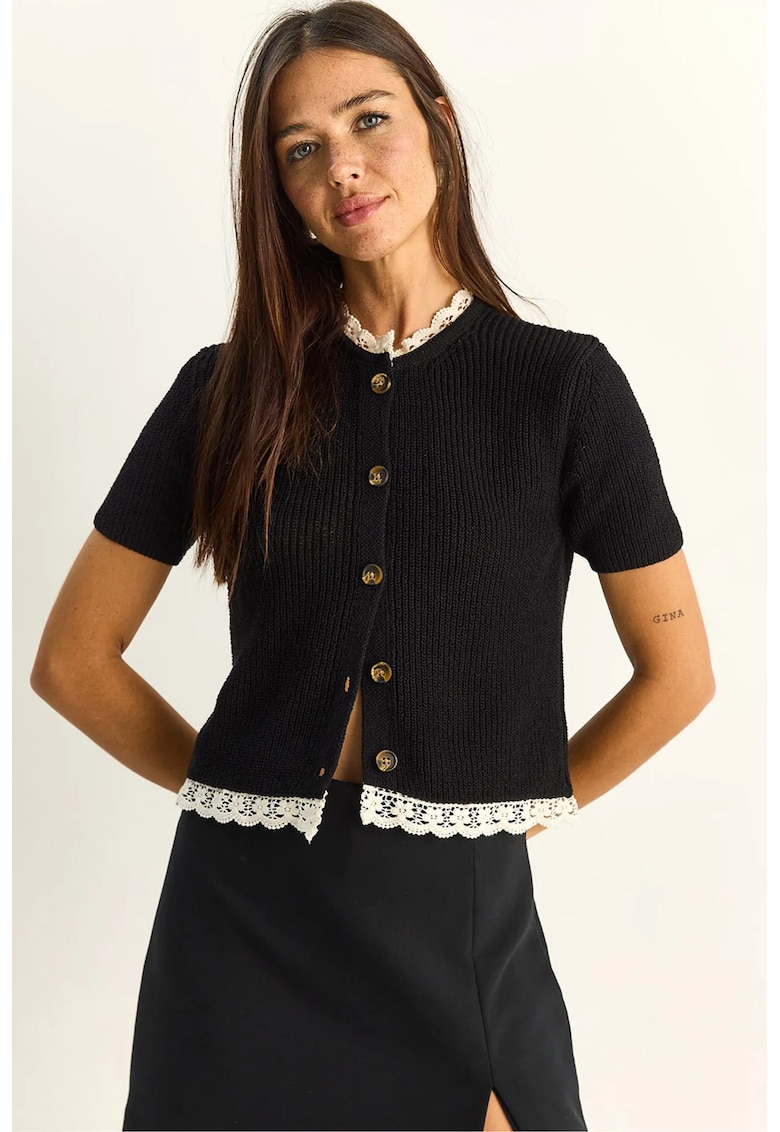 Cardigan scurt - cu nasturi - negru - bumbac si poliester -