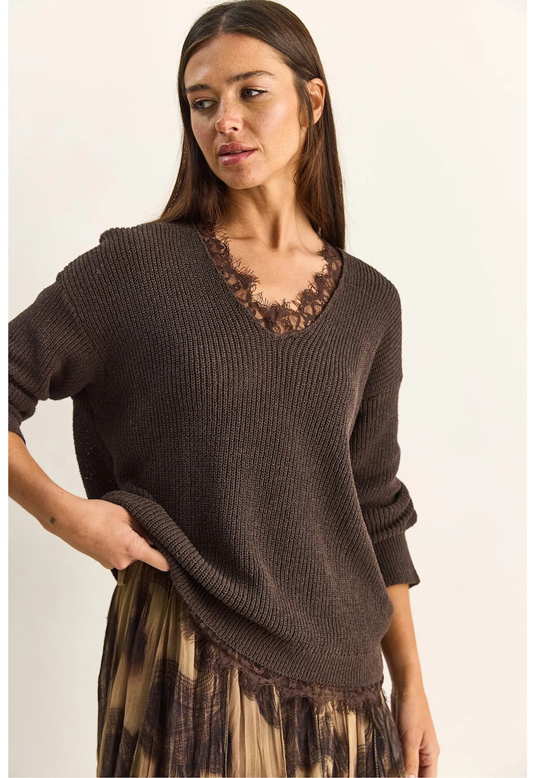 Pulovere dama - pulover tricotat - decolteu in V - maro mocha inchis - 89% bumbac -