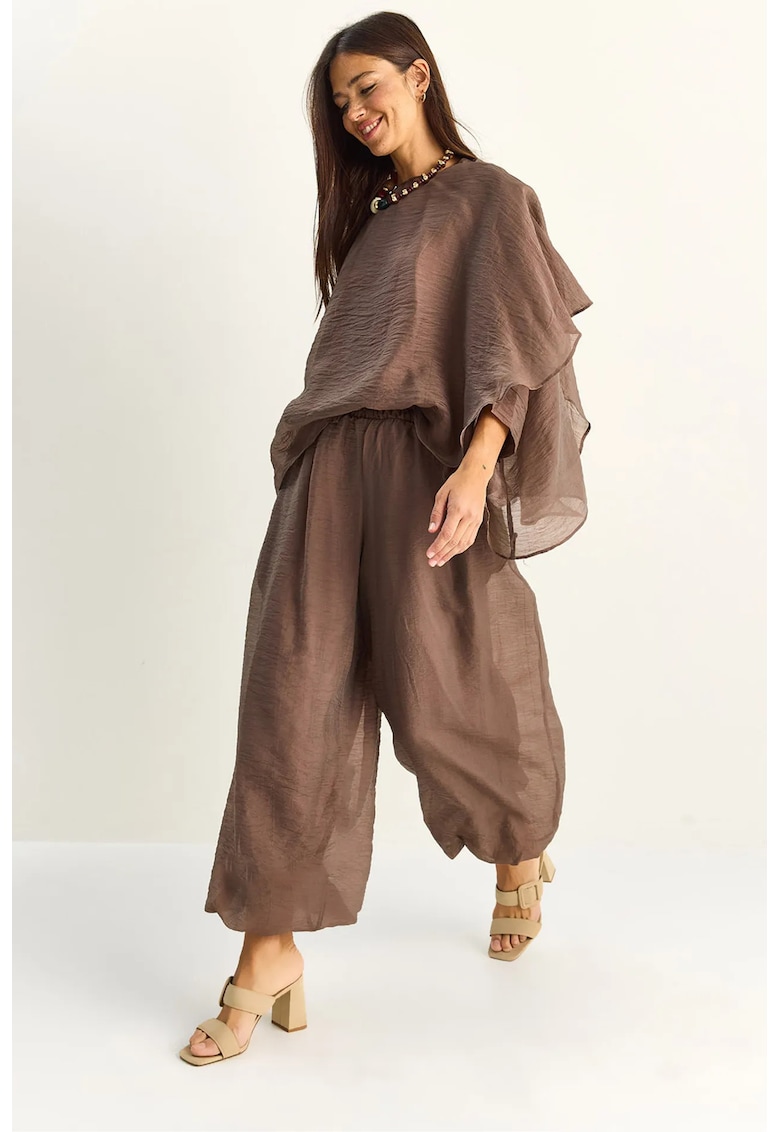 Set coordonat din doua piese - talie inalta - pantaloni largi - bej natural - casual