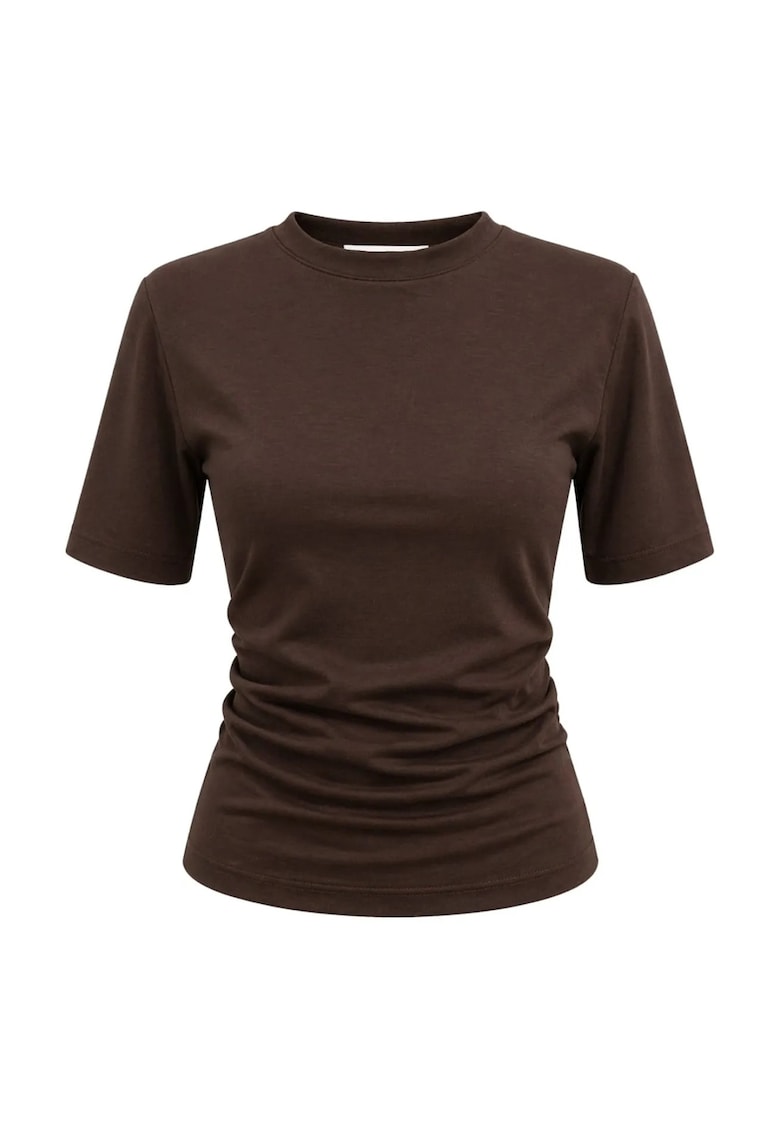 Tricou dama - basic cu guler rotund si slit - maro cafea - bumbac si lycra