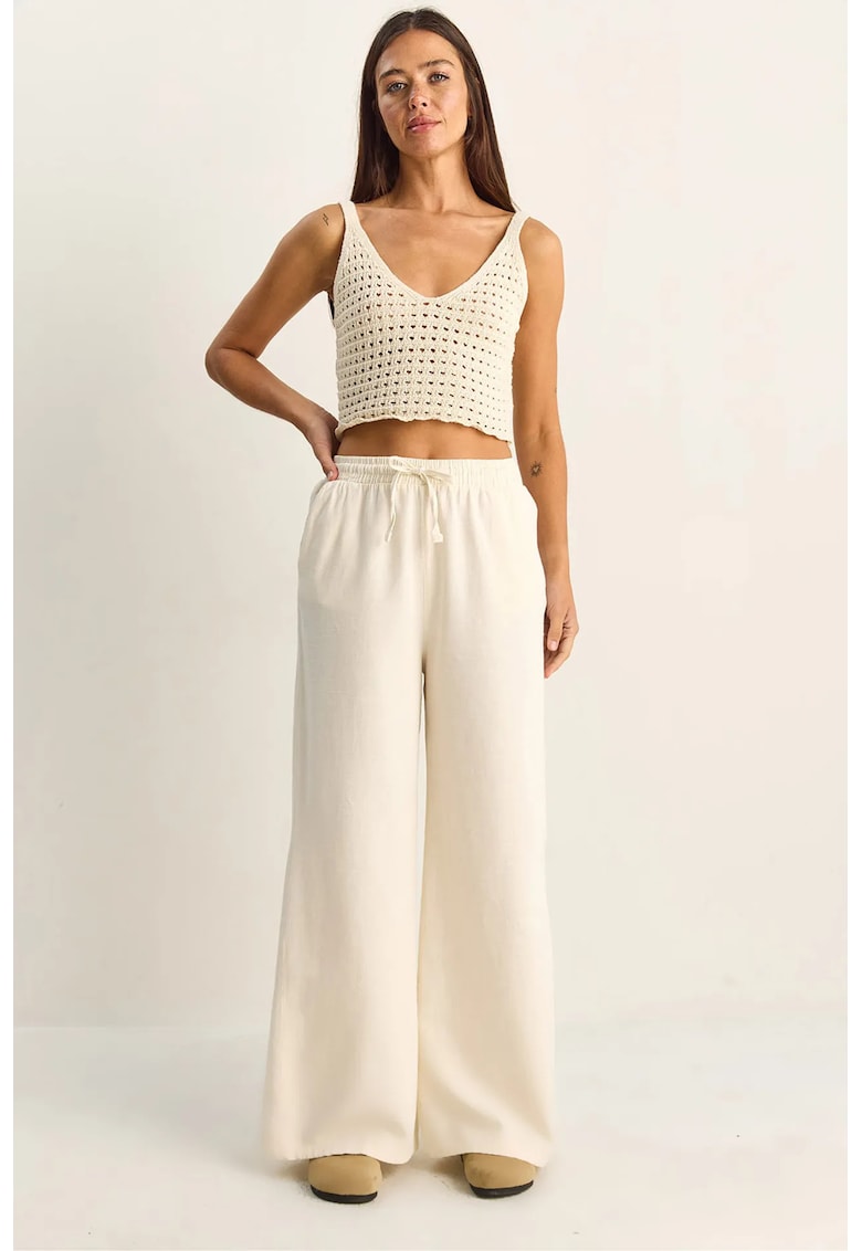Pantaloni dama - picior larg - talie cu snur - crem natural - bumbac