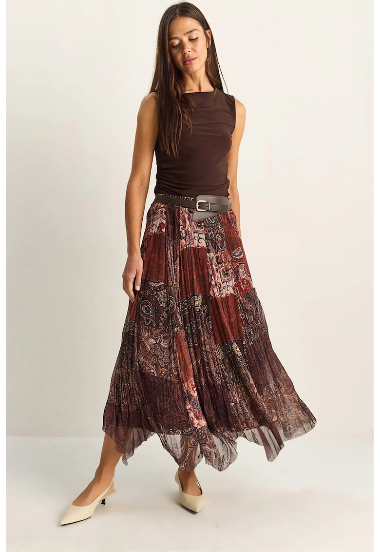 Fusta midi imprimeu Paisley - cu curea - maro - poliester