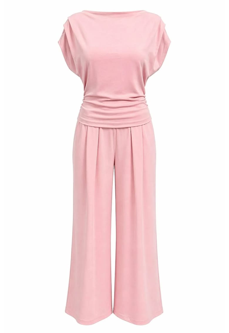 Compleu tricotat - Femei - talie inalta - pantaloni largi - roz pudra - bumbac
