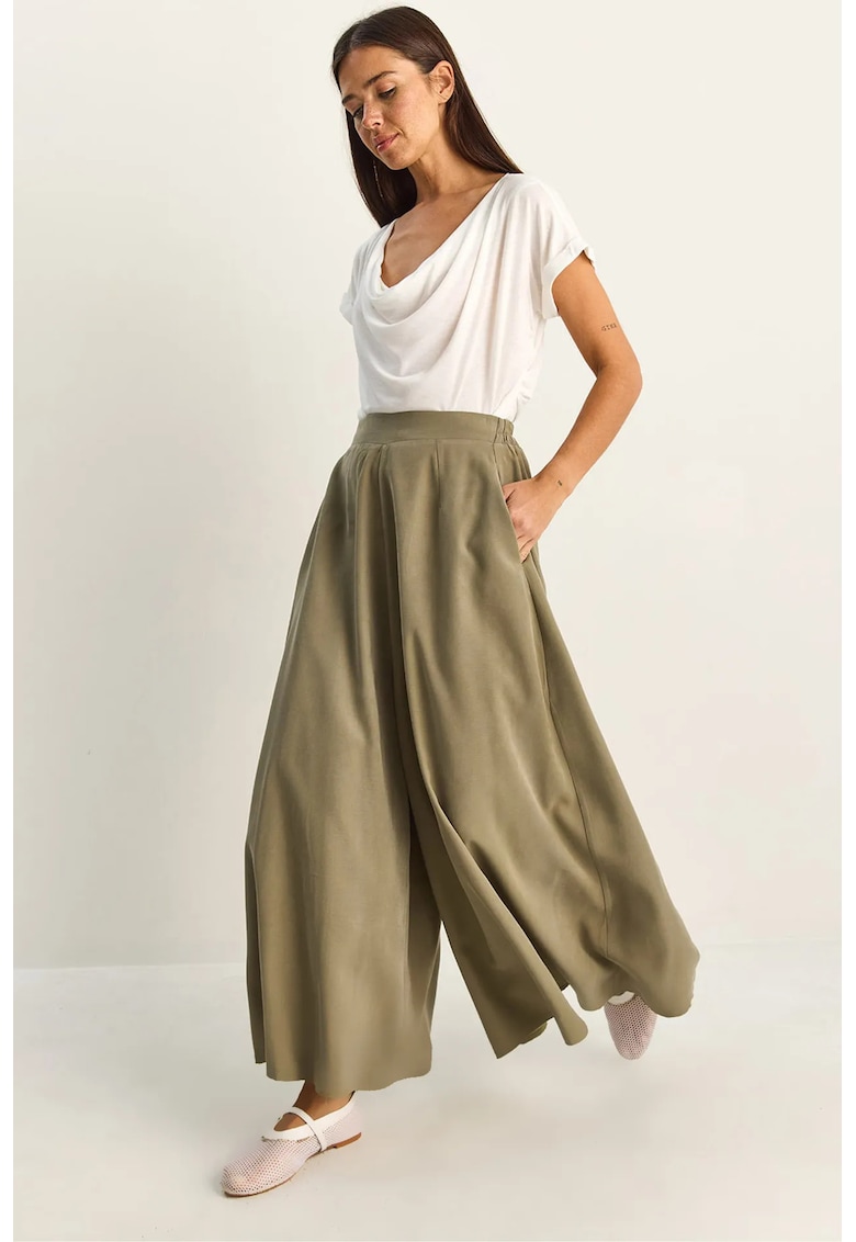 Pantaloni dama - talie inalta - picior larg - verde pin - 85% modal - 15% poliester