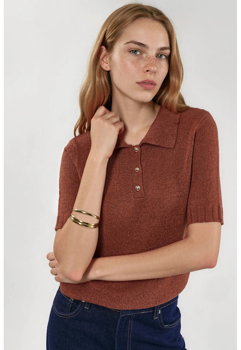 Bluza dama - tricotata texturata - maneca scurta - maro castor - acrilic