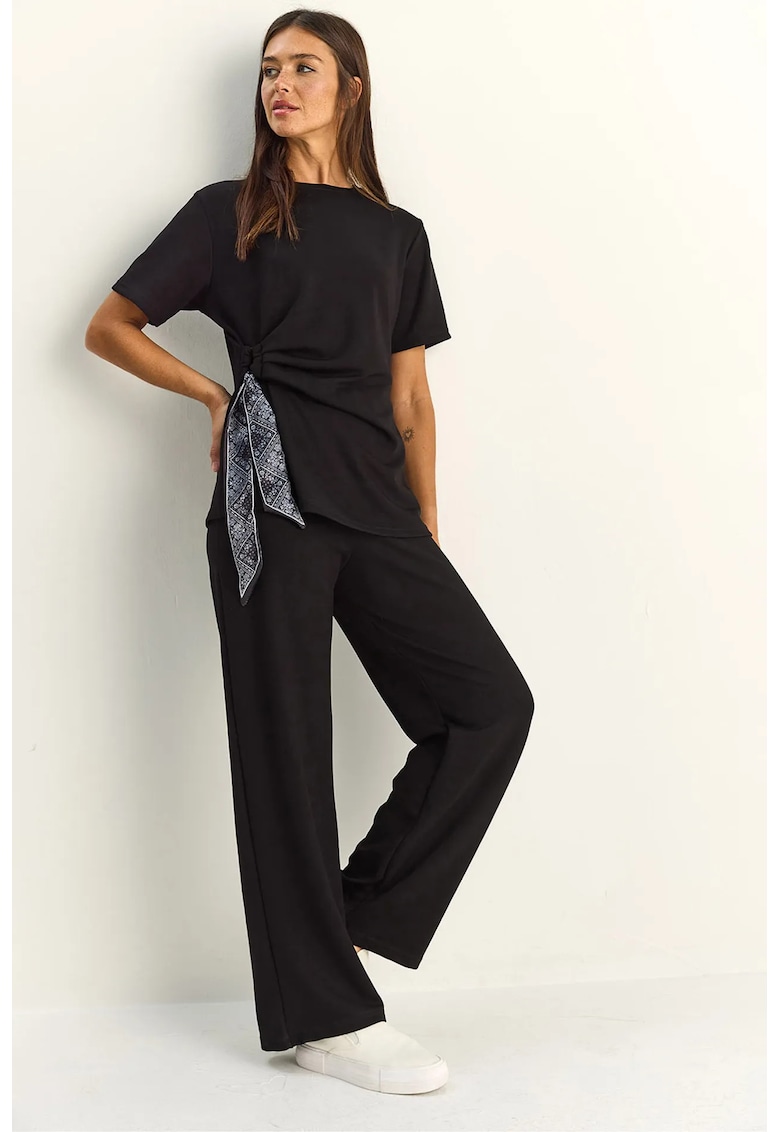 Set Coordonat Femei - Tricou cu Maneca Scurta si Pantaloni Largi - Negru - Poliester si Elastan