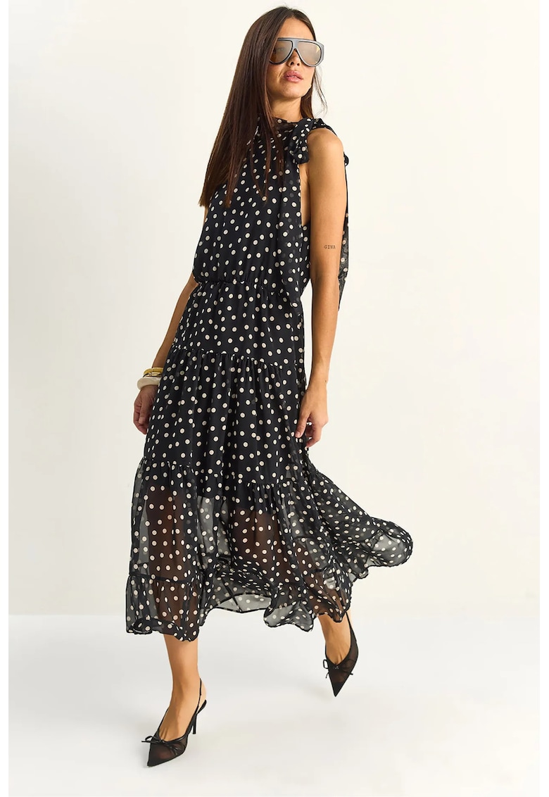 Rochie Midi cu buline - guler halter - neagra - din sifon - captusita