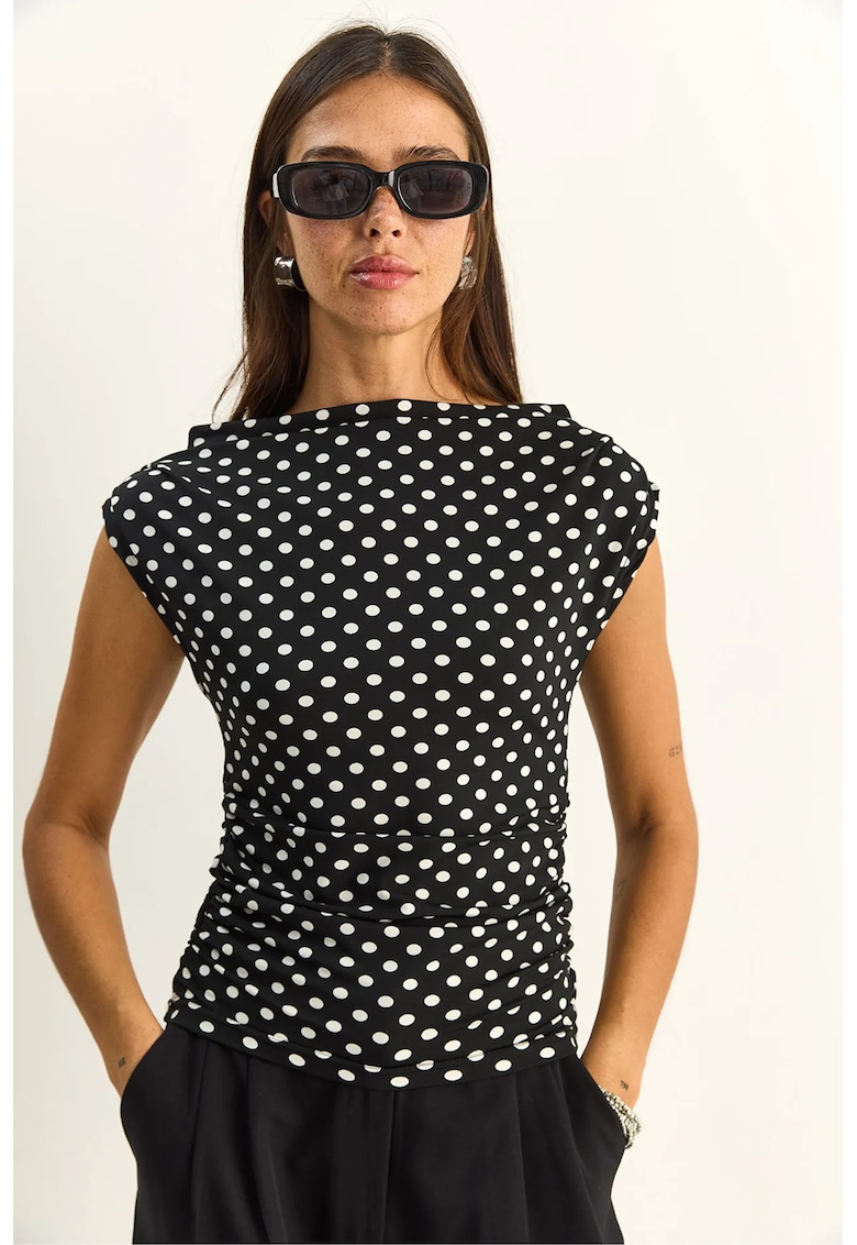 Bluza dama - cu guler tip sal - buline - negru - poliester si lycra