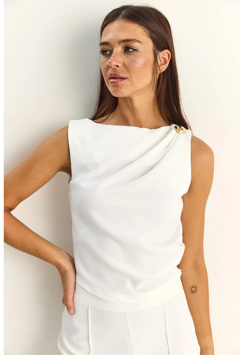 Bluza dama - fara maneci - decolteu barcuta - alb - poliester cu elastan