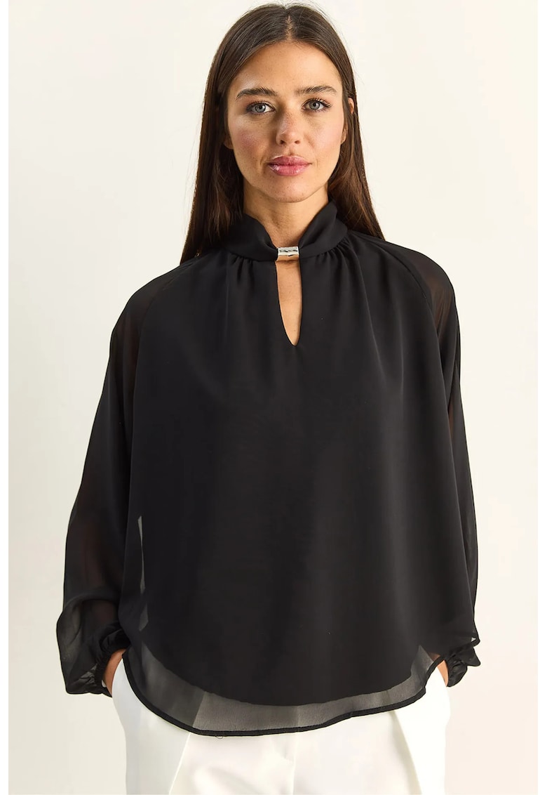 Bluza dama - sifon - guler mandarin - accesoriu din pietre - negru - elegant