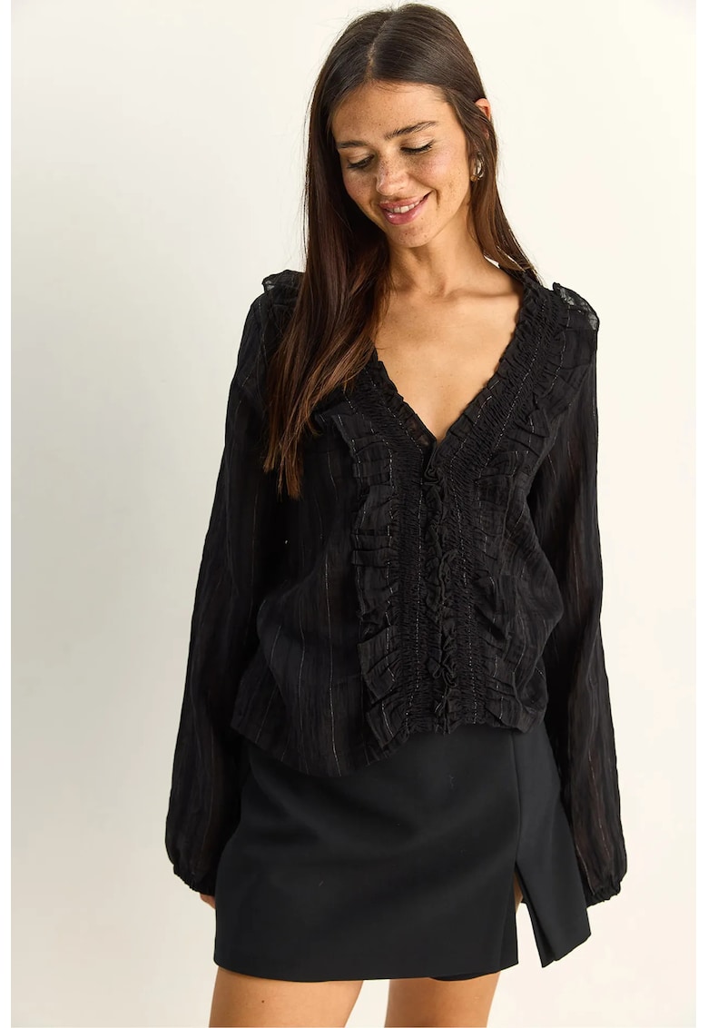 Bluza dama - cu dungi - volane la decolteu - negru - poliester-elastan
