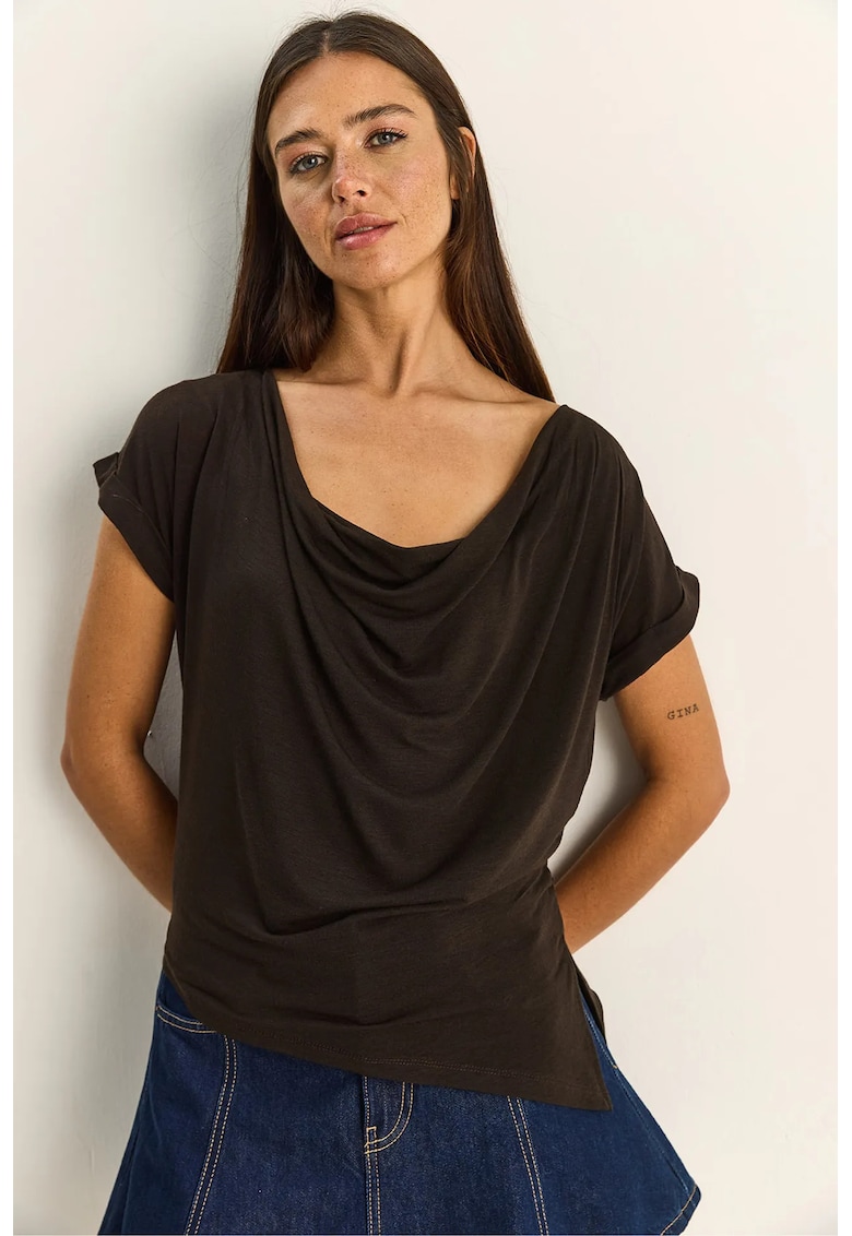 Bluza dama - cu guler drapat - casual - maro - poliester-elastan