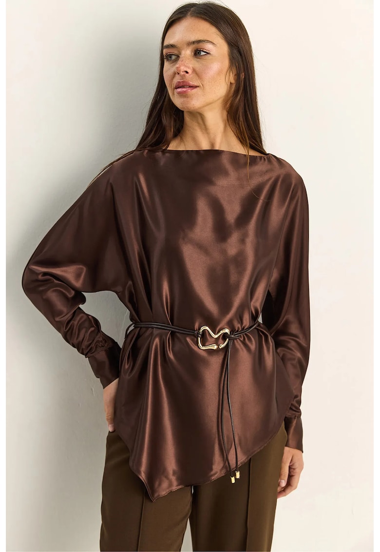 Bluza dama din satin - decolteu barca - cu cordon - maro