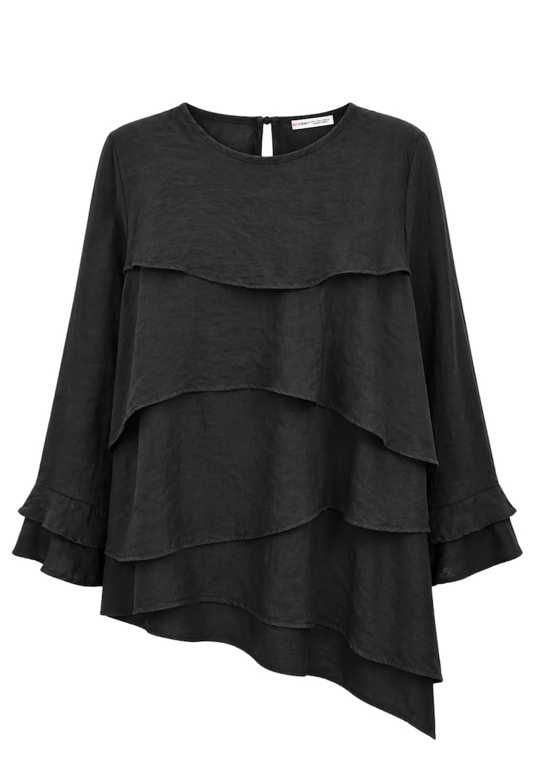 Bluza dama - maneca lunga - guler rotund - volanase - negru - lyocell si poliester