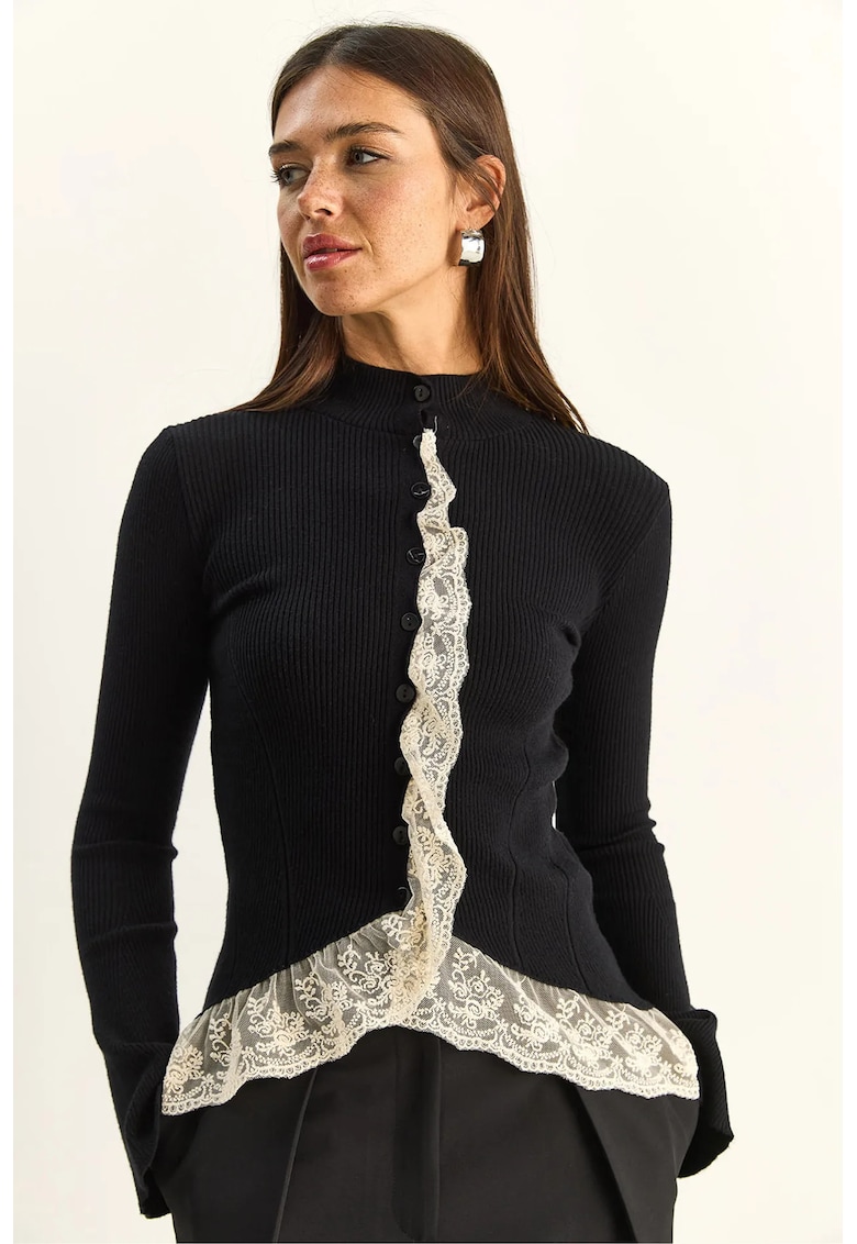 Cardigan Femei cu guler pe jumatate - maneci lungi - Negru - Tricot din viscoza - polibutilena si nailon - One Size INTL -