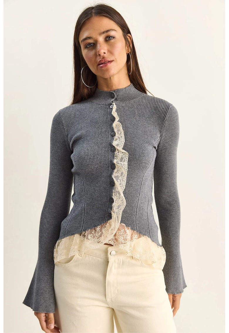 Cardigan Femei guler pe jumatate - maneci lungi - gri - tricotaj -