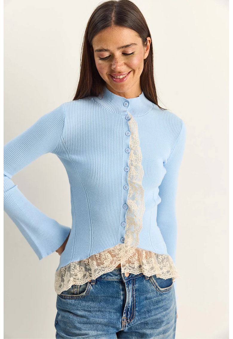 Cardigan Femei guler semi-rulat - nervuri - Albastru deschis - tricotaj -