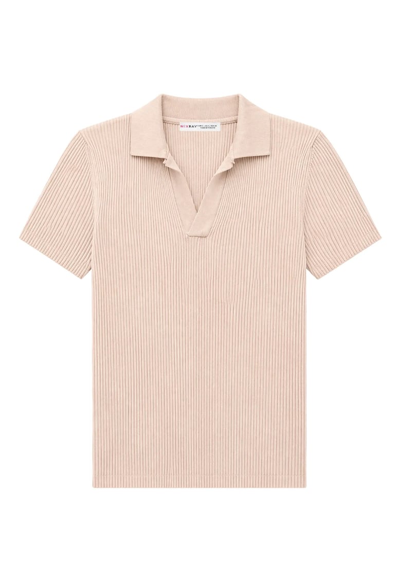 Bluza dama - guler polo - textura reiata - bej natural - 100% poliamida -