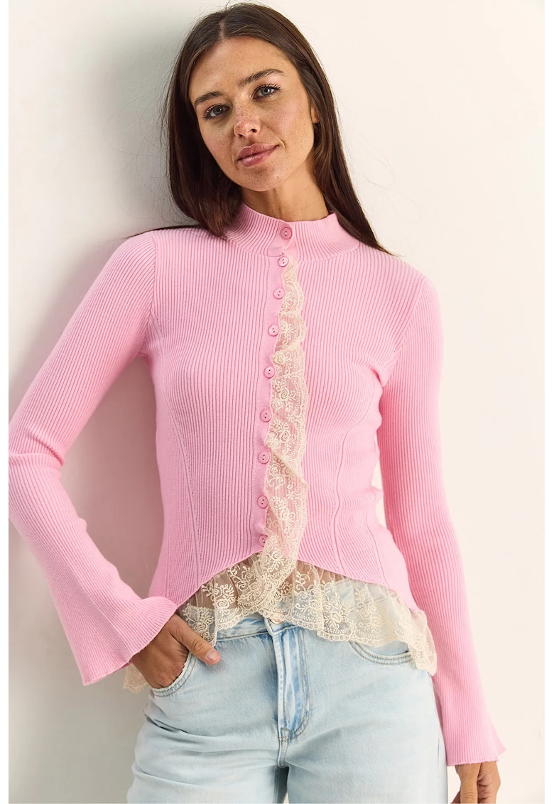 Cardigan Femei guler semi-rulat - maneci lungi - roz garoafa - tricotaj -