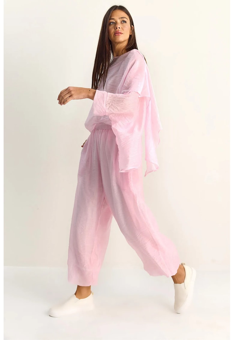 Set coordonat din doua piese - bluza cu decolteu rotund si pantaloni cu talie inalta - roz pudra - poliamida