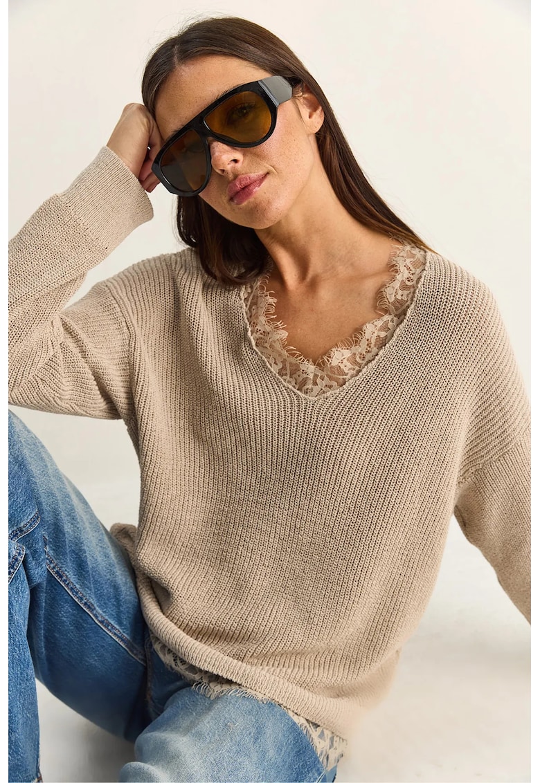 Pulover dama - regular-fit - decolteu in V - bej natural - bumbac si poliester -