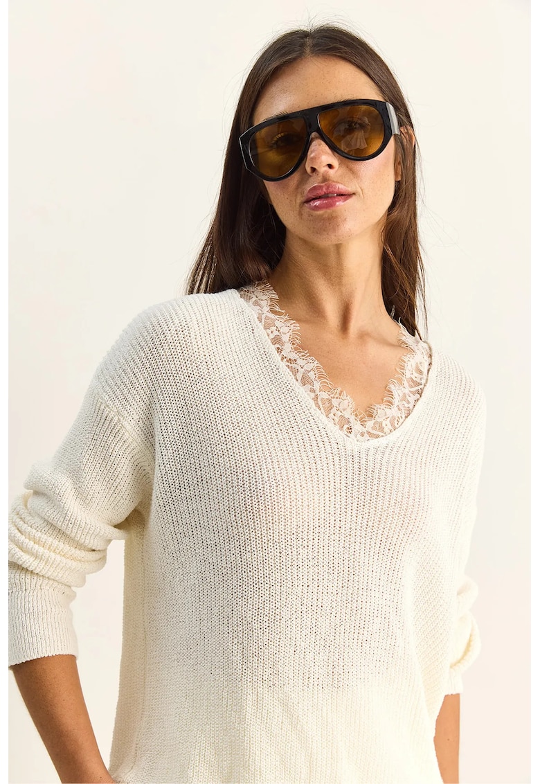 Pulover dama - regular-fit - decolteu in V - ivory natural - bumbac si poliester -