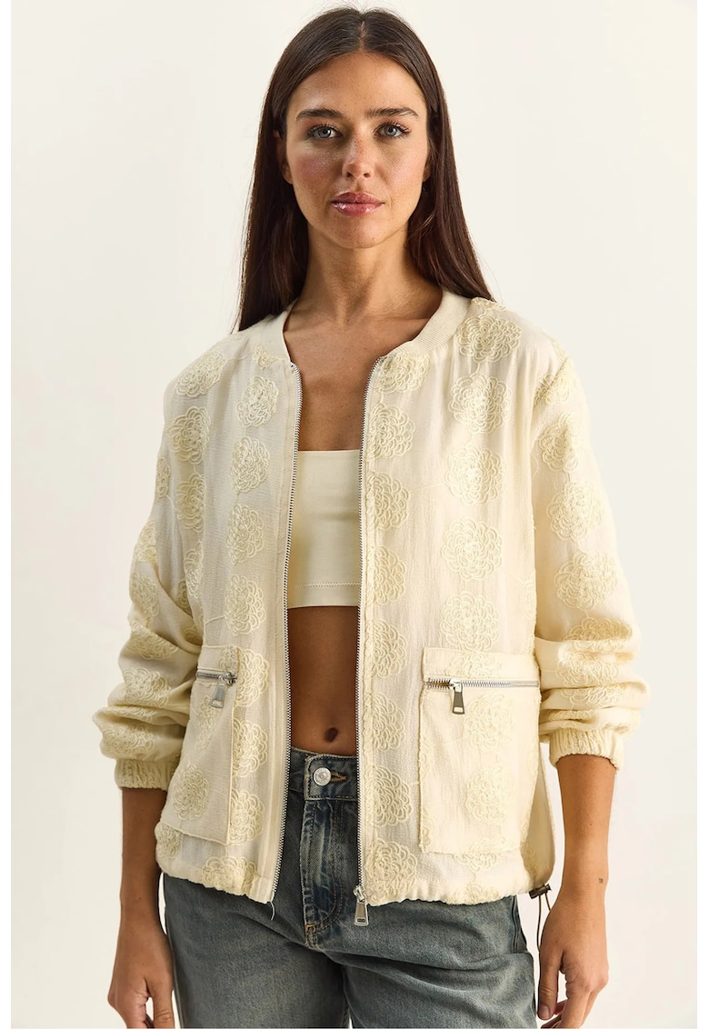 Geaca bomber - broderie florala - crem natural - 100% poliester