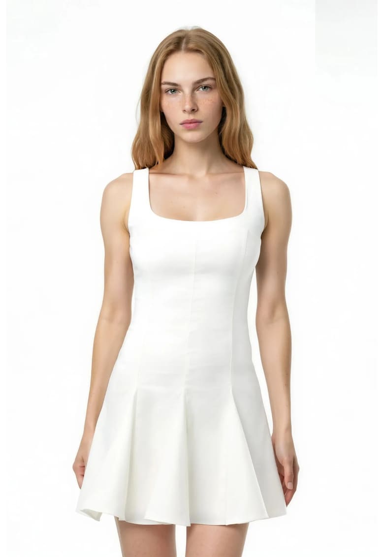 Rochie mini - evazata - fara maneci - alb - bumbac-poliester-elastan